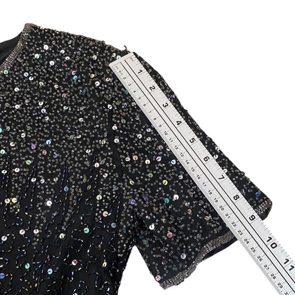 Patra Vtg Black Silver Iridescent Beaded Sequin Short Sleeve Blouse SZ PS - Picture 10 of 11